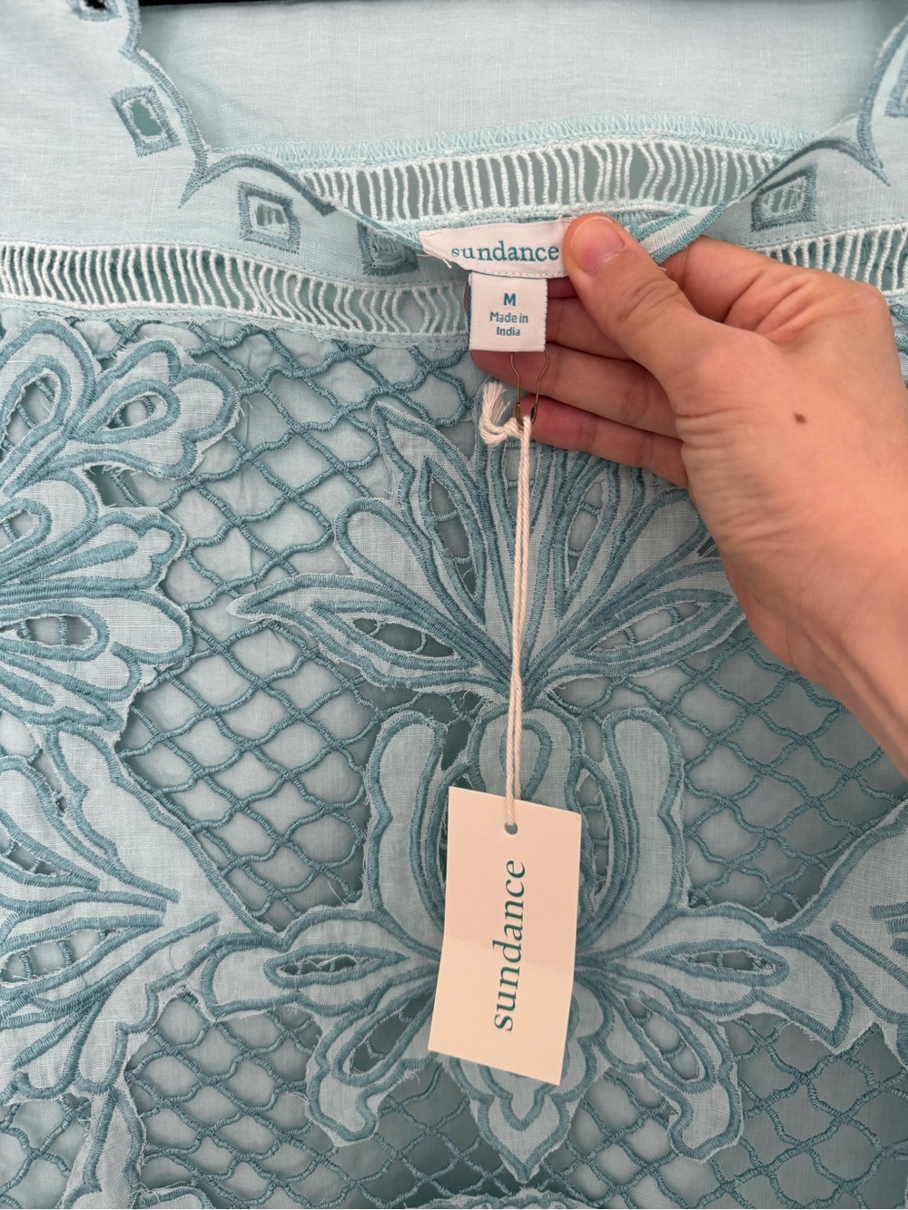 NWT Sundance Crochet Lace Puff Sleeve Linen Cotton Blouse Top Blue Size M - Picture 8 of 12